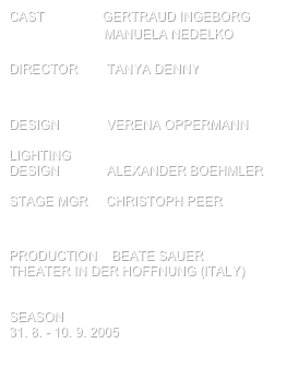 cast                Gertraud ingeborg
                          manuela nedelko

director        tanya denny

 
design             verena oppermann

lighting
design             alexander boehmler

stage mgr     christoph peer


production    beate sauer 
theater in der hoffnung (italy)


SEASON
31. 8. - 10. 9. 2005

